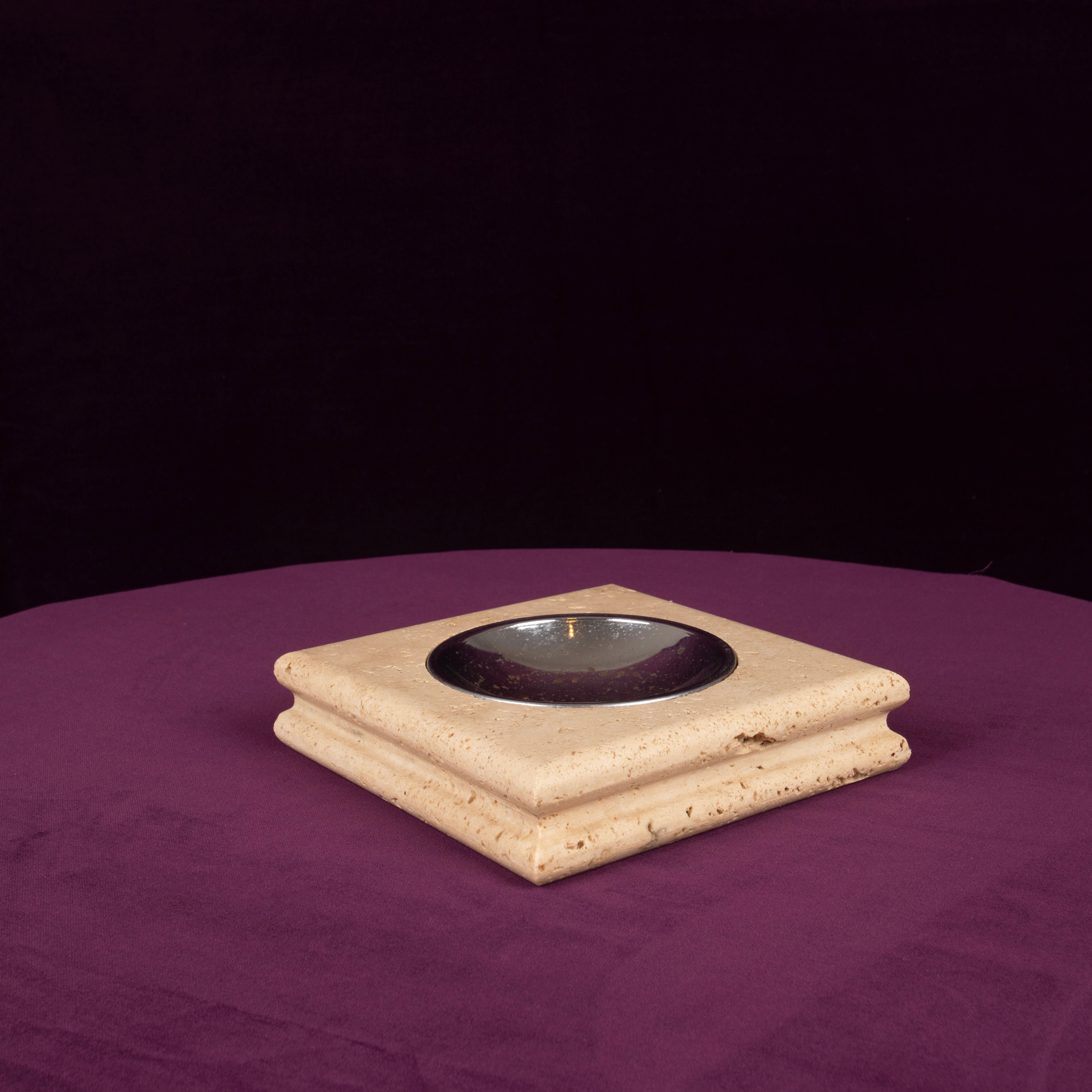 Square Italian Travertine Ashtray with Removable Metal Dish 1970