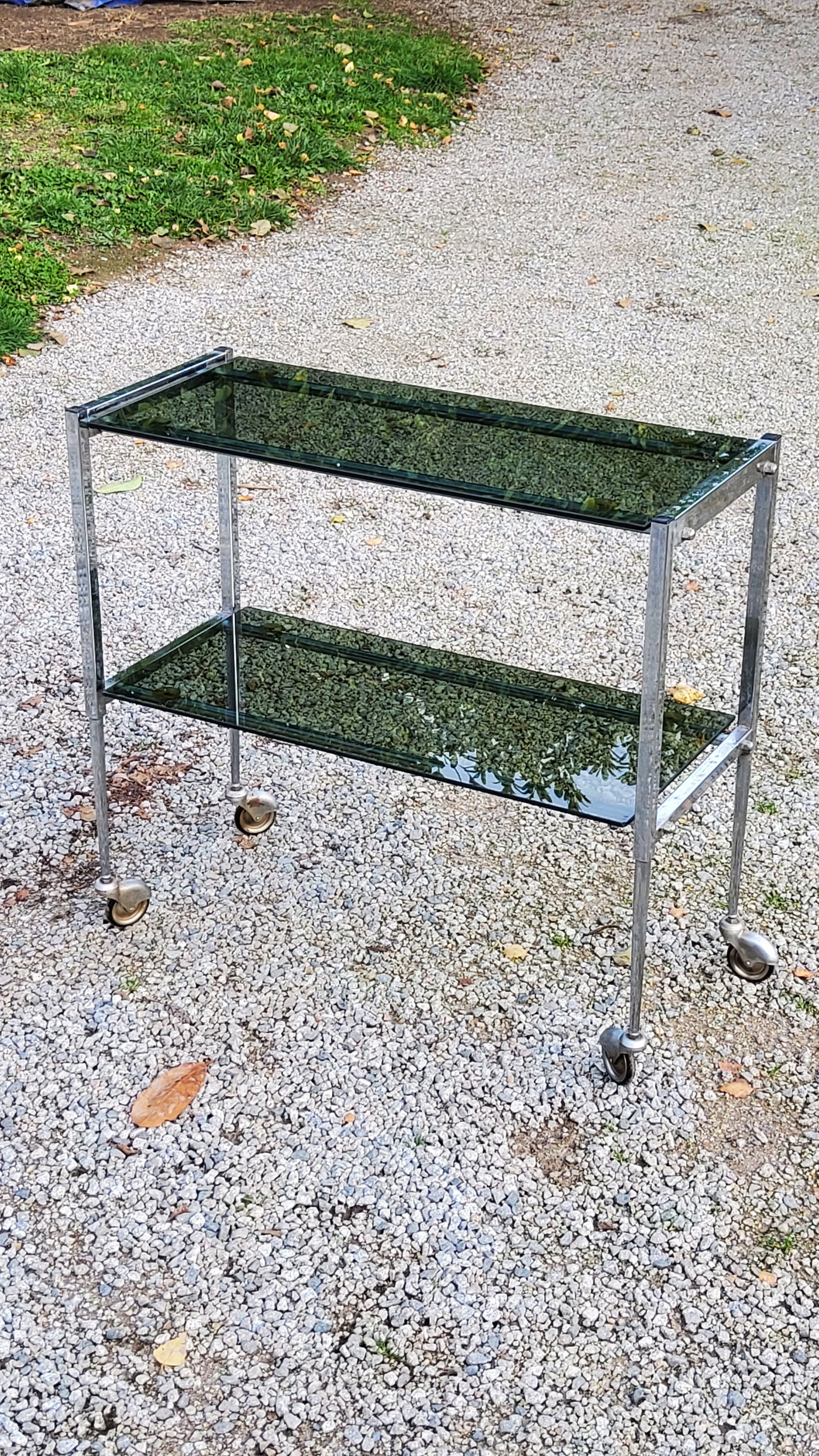 Console service of the 70s double trays smoked glass chrome base