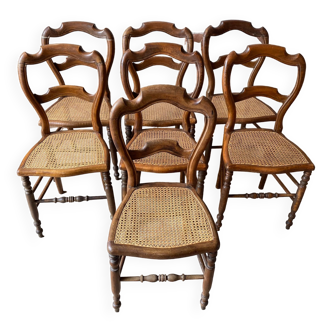 Ensemble de 7 Chaises anciennes cannage et bois années 1900