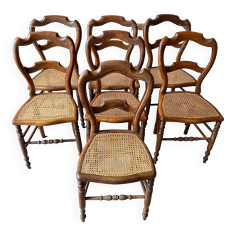 Set of 7 antique chairs canning and wood 1900s