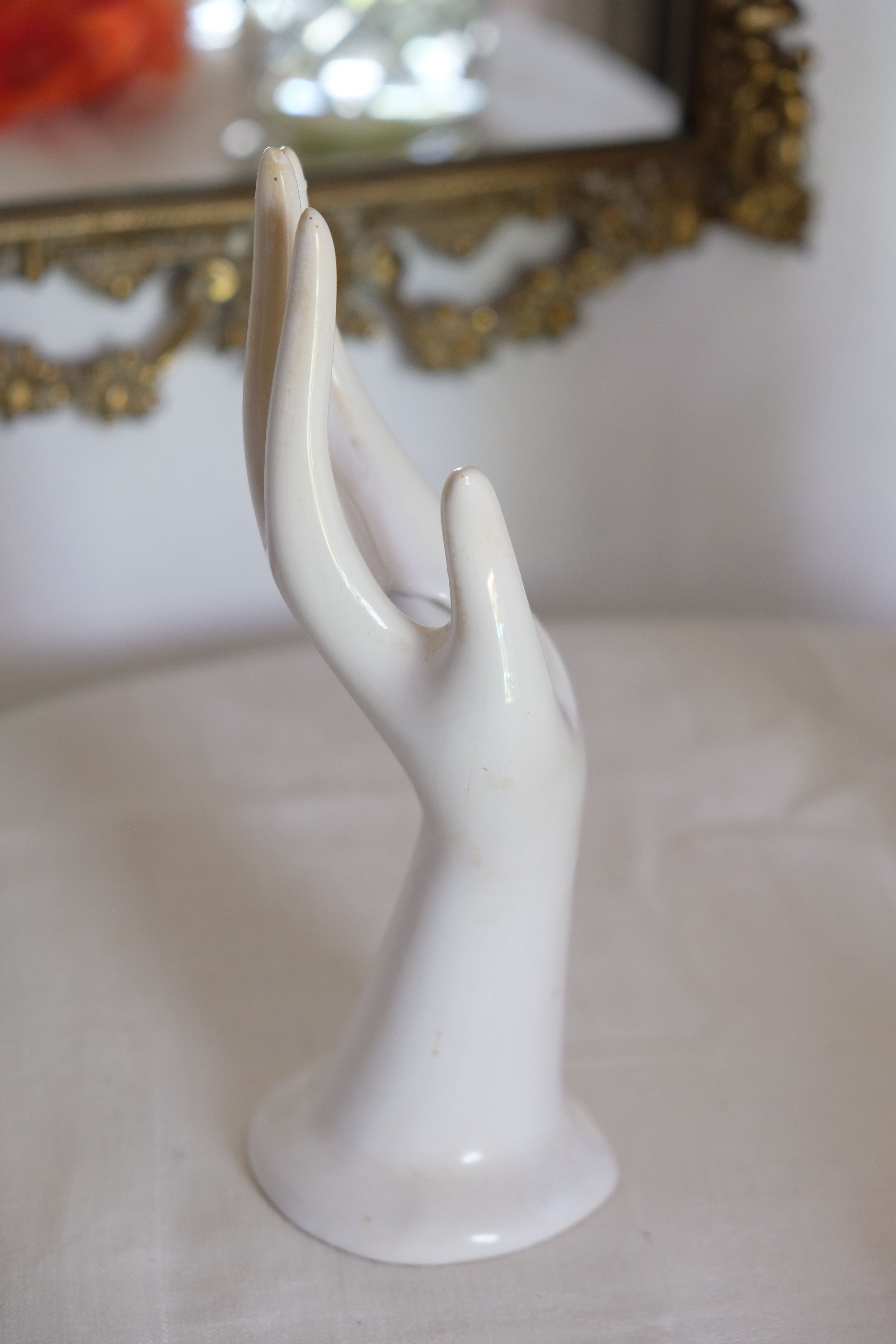 Hand baguier jewelry display or white porcelain vase 70s Vallauris