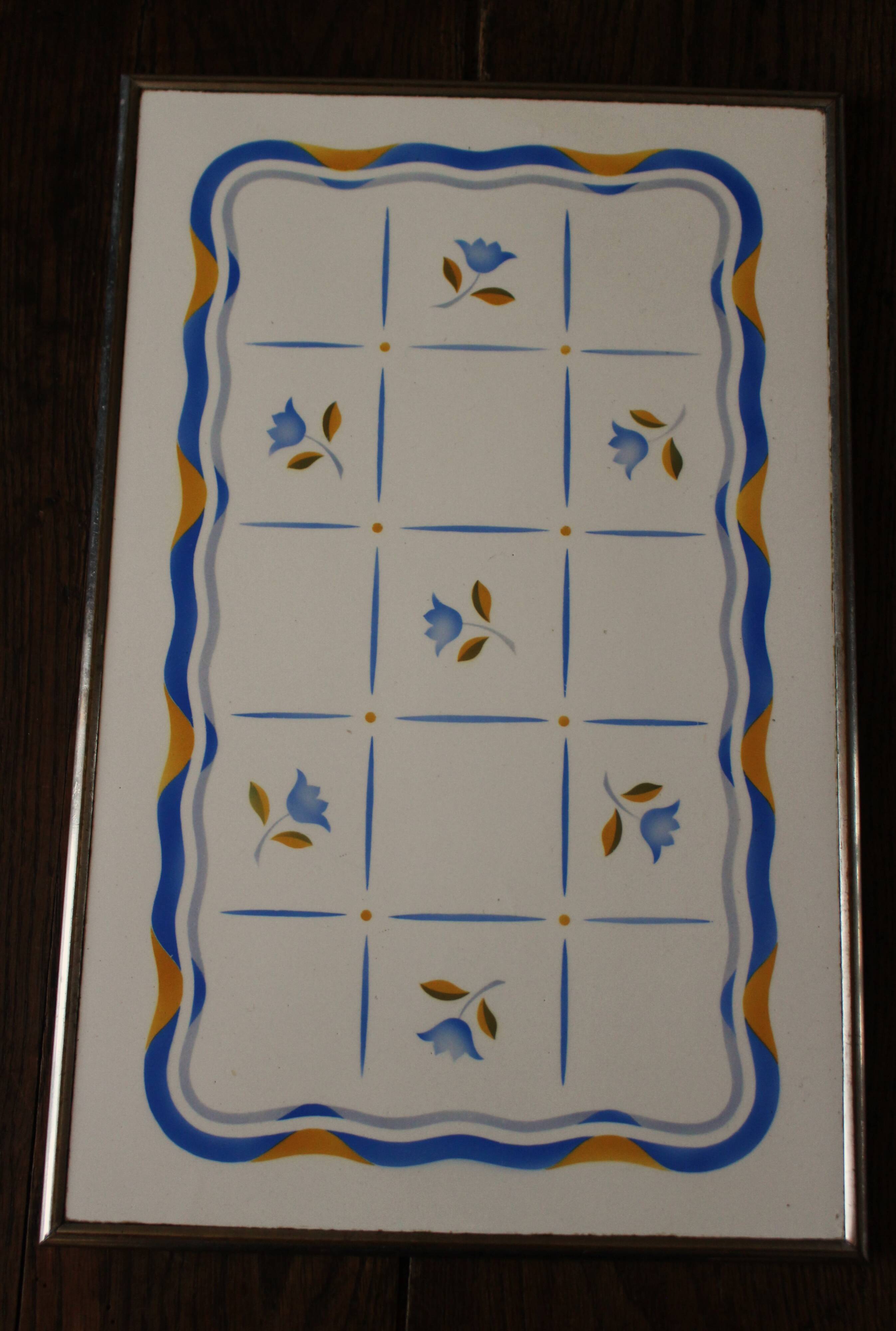 Art Deco yellow and blue tulip metal earthenware tray