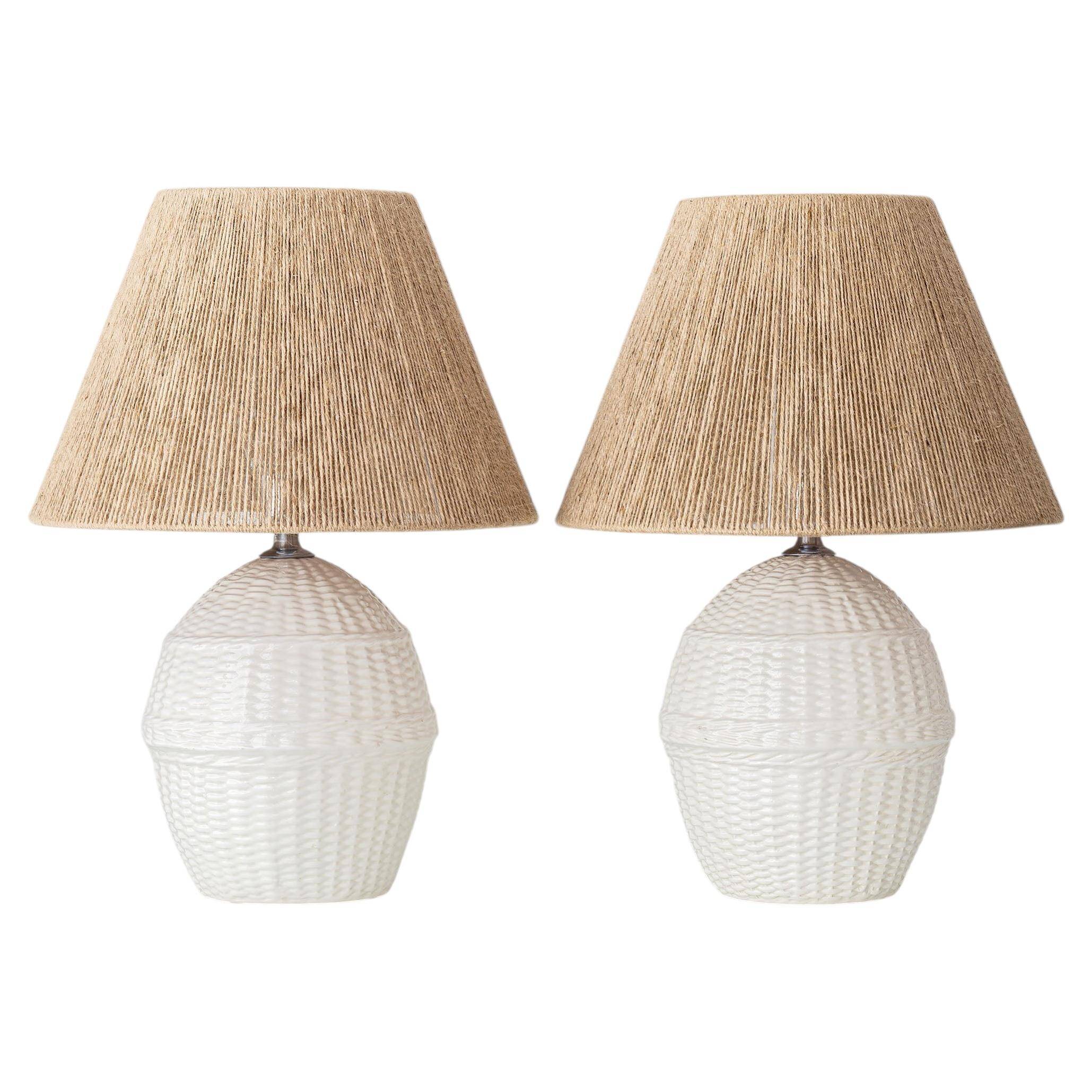 Pair of white ceramic table lamps with faux wicker texture, Spanish coastal design, 1970s