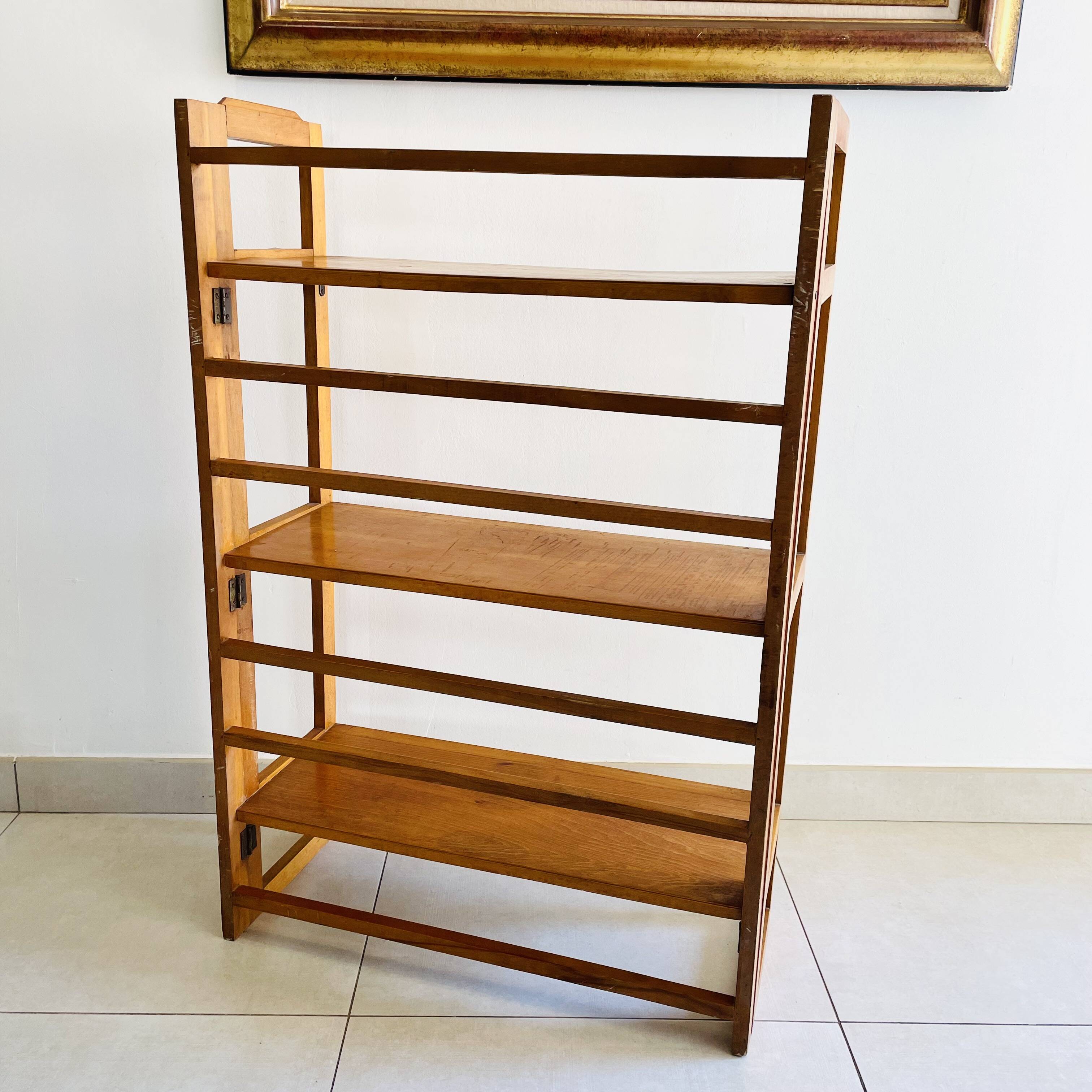 Folding bookcase in varnished wood, Scandinavian vintage style from the 1970s