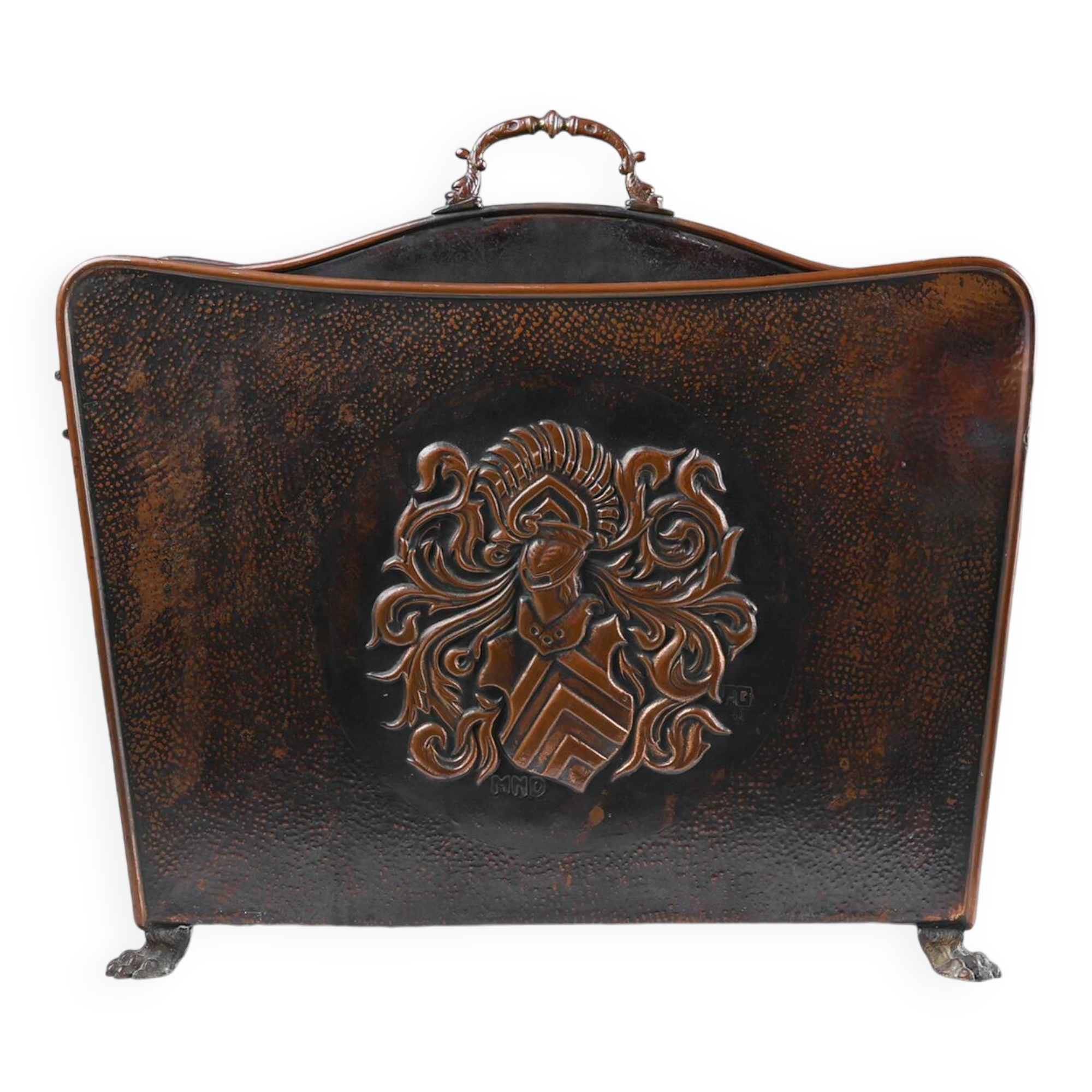 Mid-century magazine rack in hammered copper, France ca. 1900