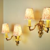 Pair of bronze sconces with four handmade toile de Jouy lampshades in France
