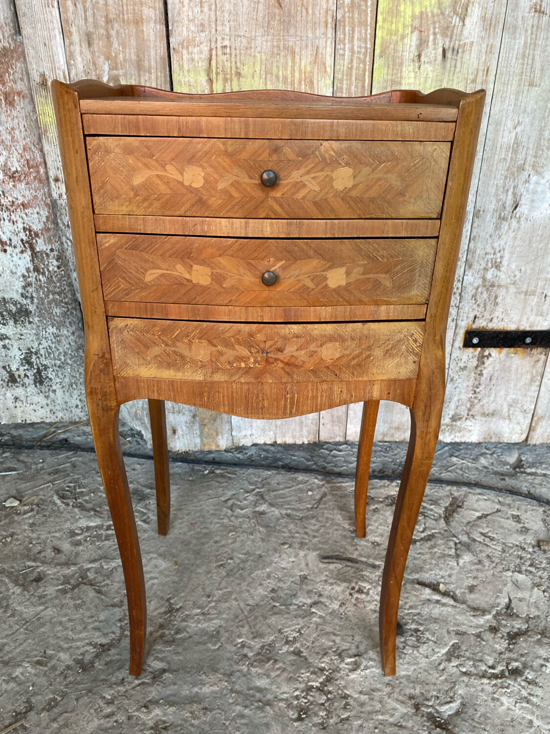 Antique Nightstand Louis XV Style Inlay Wood 3 Drawers Wine