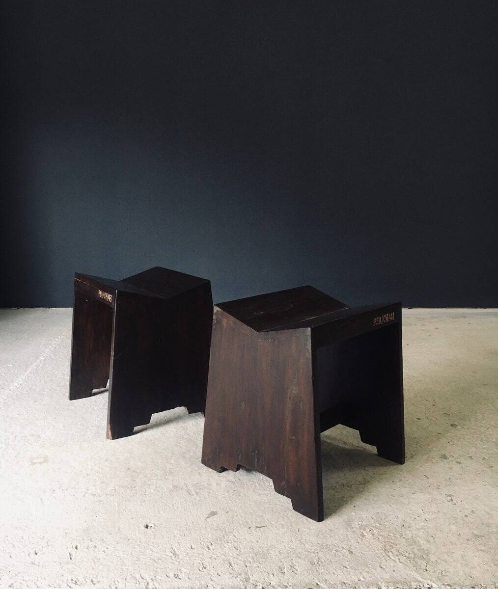 Modernist PJ-SI-68-A Sewing Stools by Pierre Jeanneret for Chandigarh, 1950s, India, Set of 2