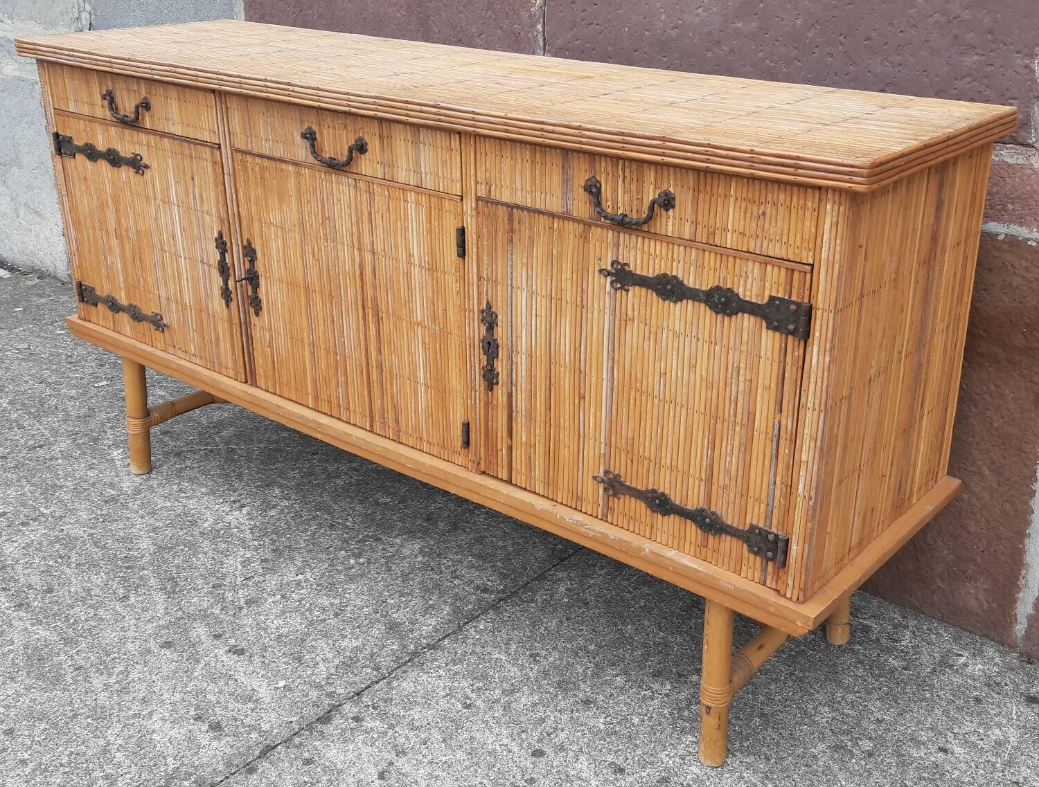 Console table in rattan and bamboo, (Attributed to Audoux-Minet)