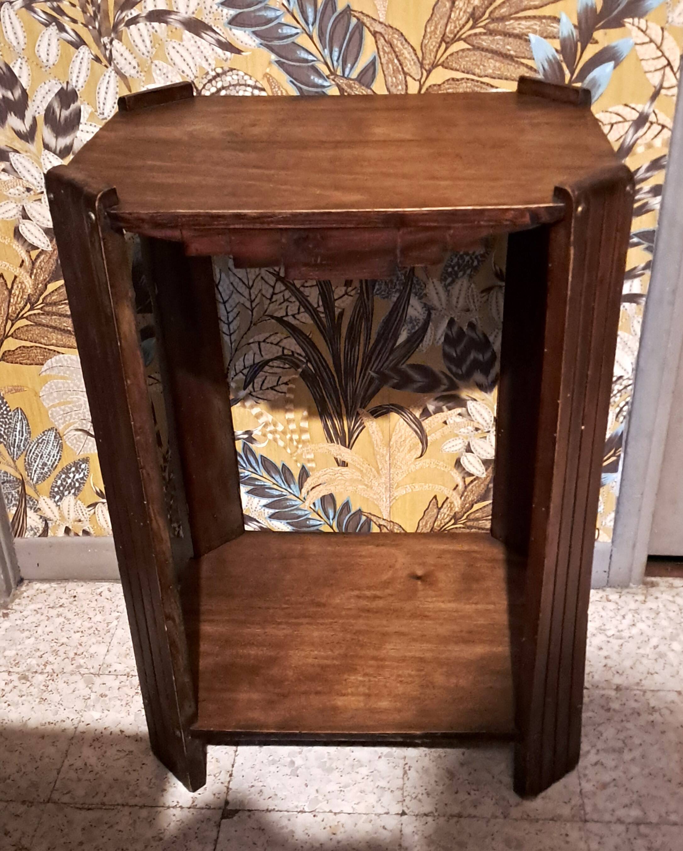 Art Deco side table in rectangular varnished brown wood with 2 shelves 1940