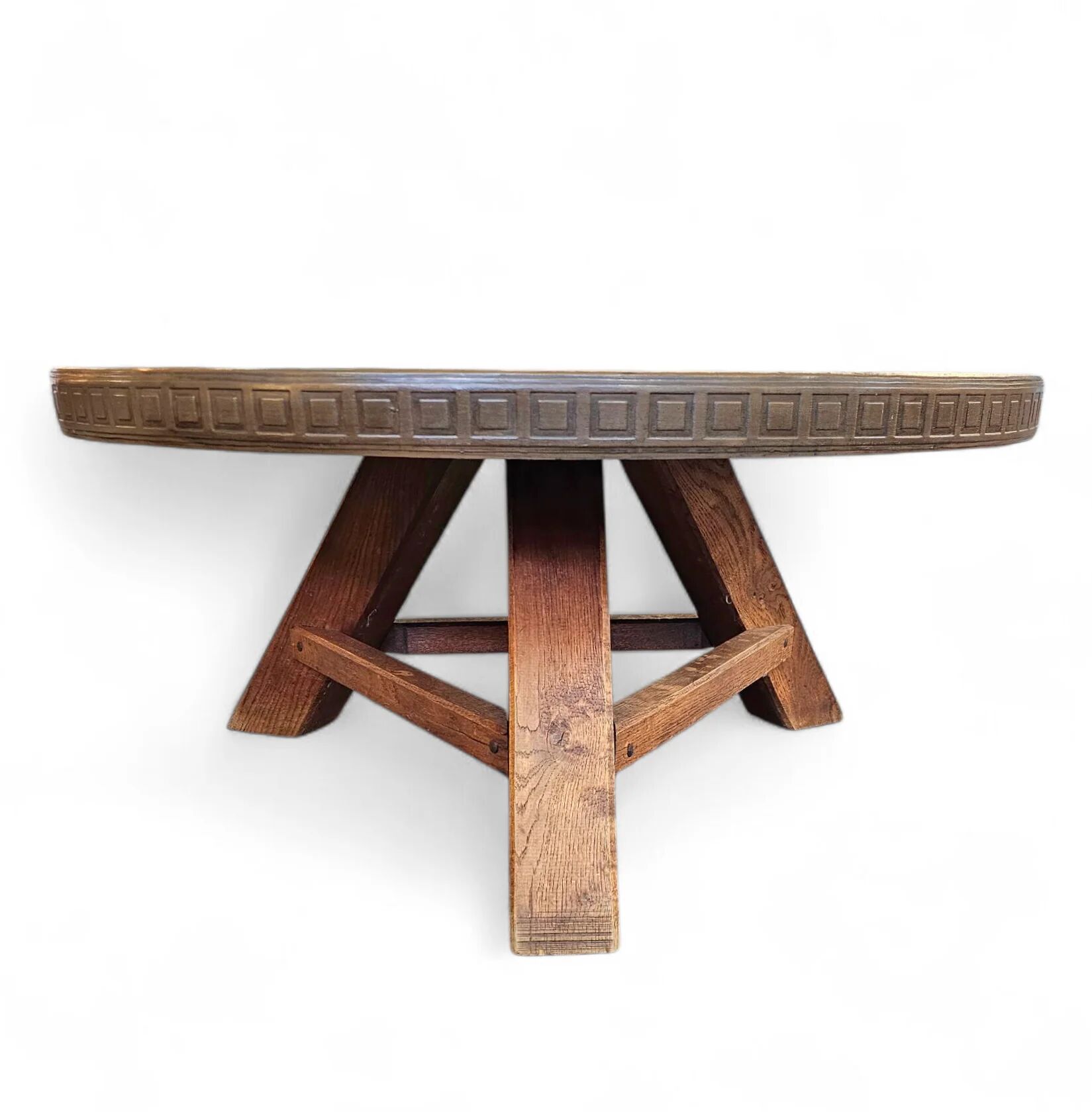 Round brutalis coffee table with brass / copper top / 1960s