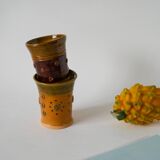 Paire de gobelets en céramique / poterie jaune et vert, vintage, 1970