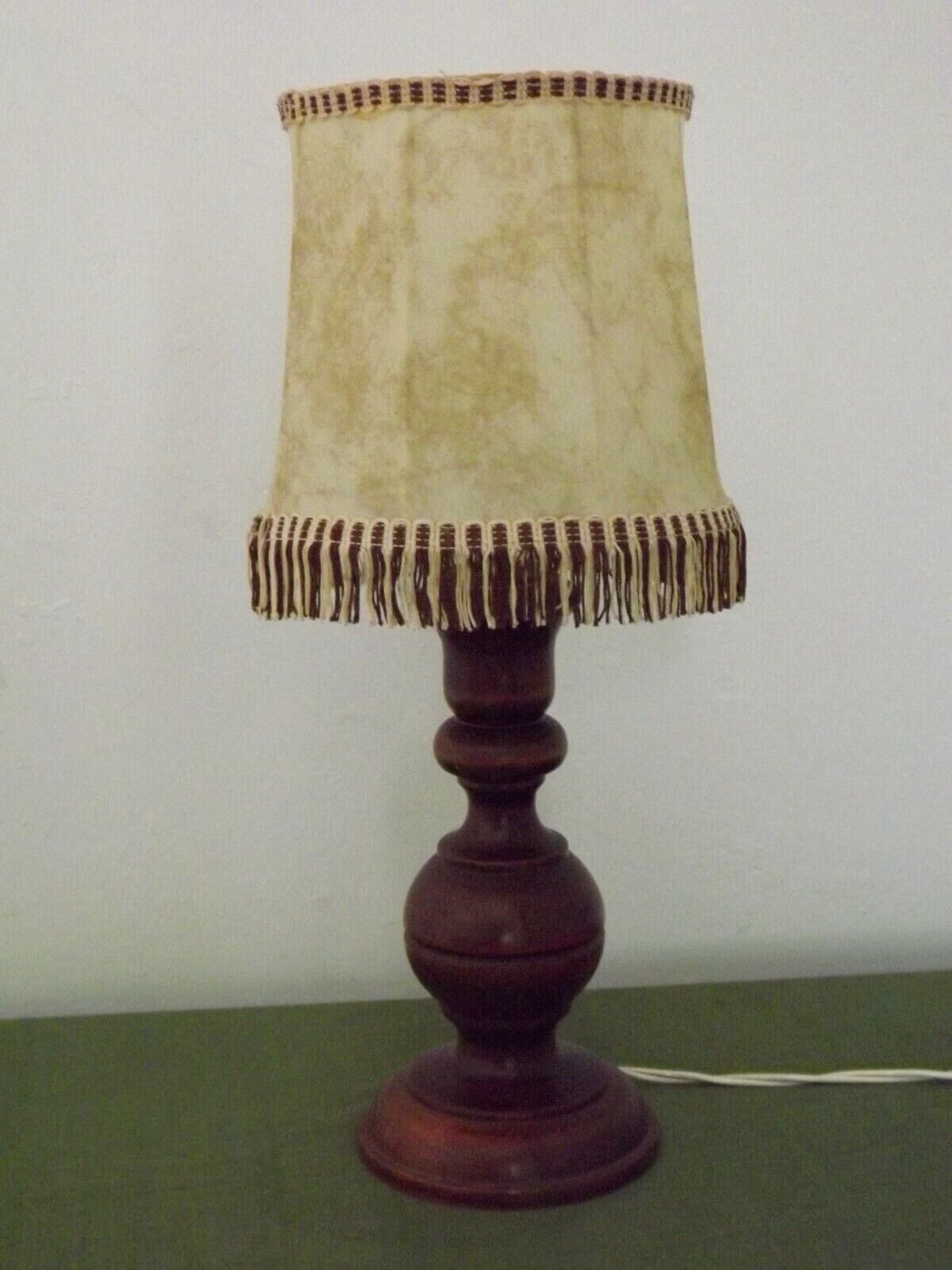 French Mid Century Round Turned Wood Table Lamp With Hide Skin Shade 4025