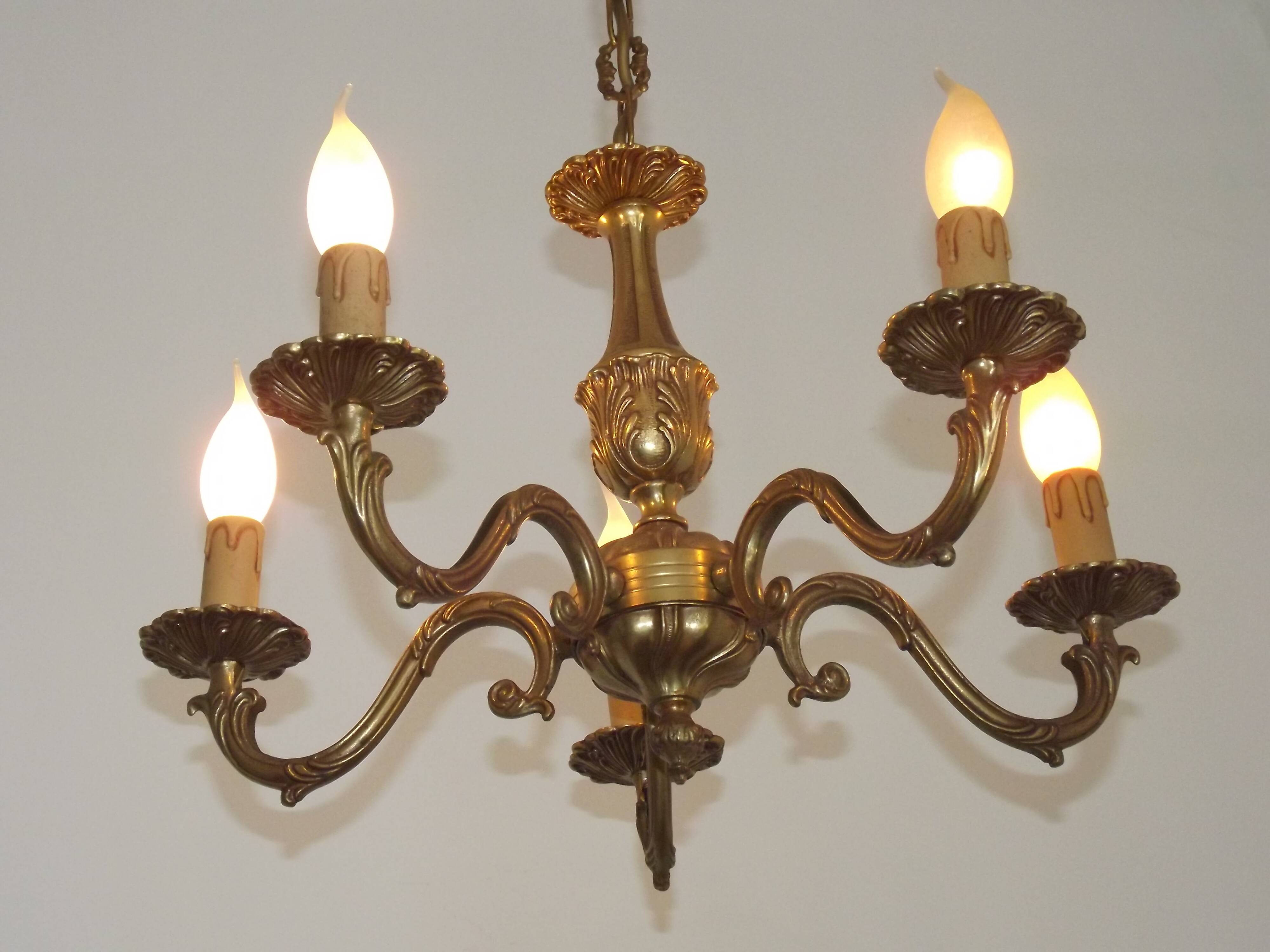 French Vintage Mid Century Bronze 5 Light Traditional Style Chandelier
