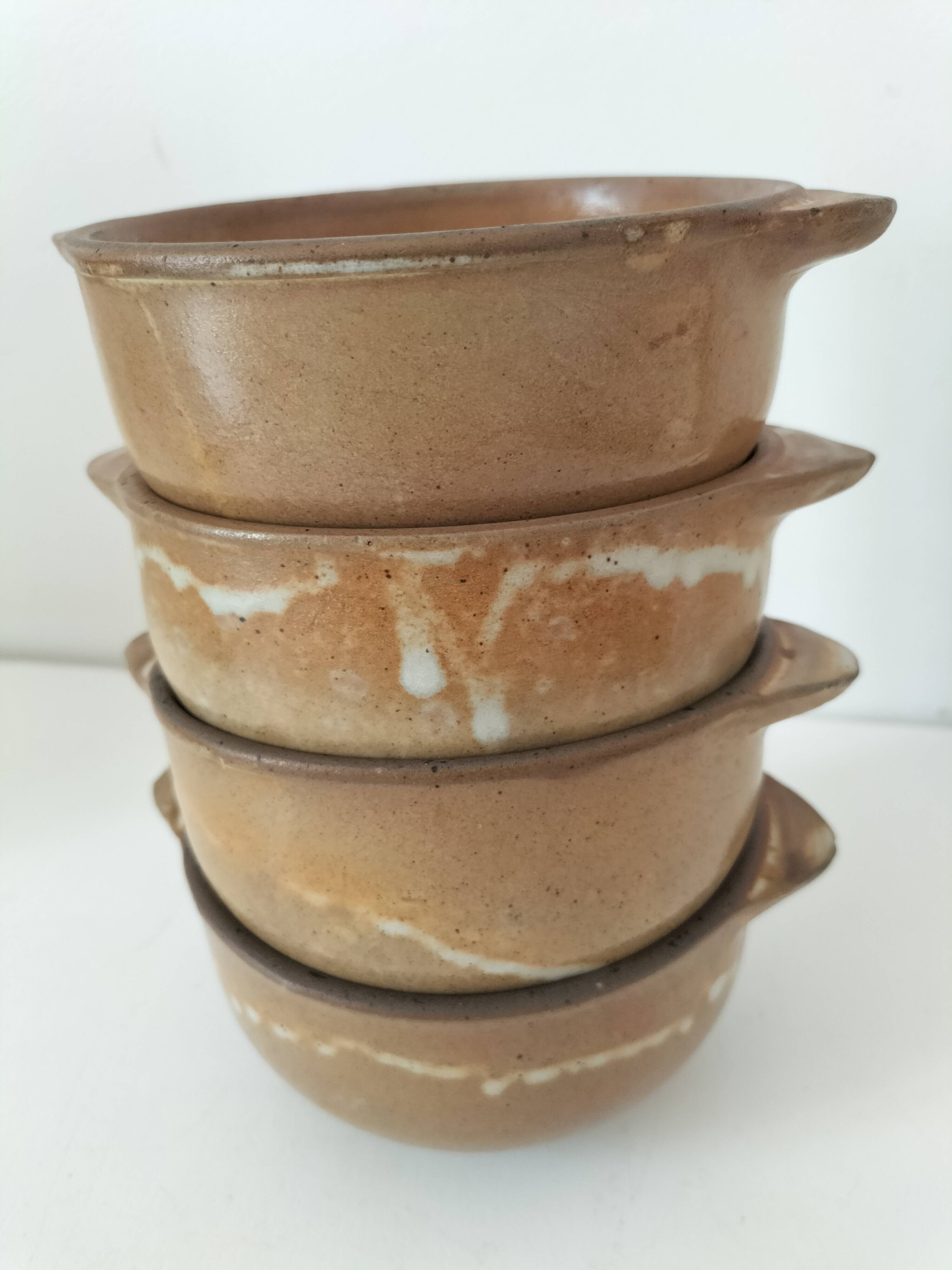 4 vintage handmade flamed stoneware ear bowls