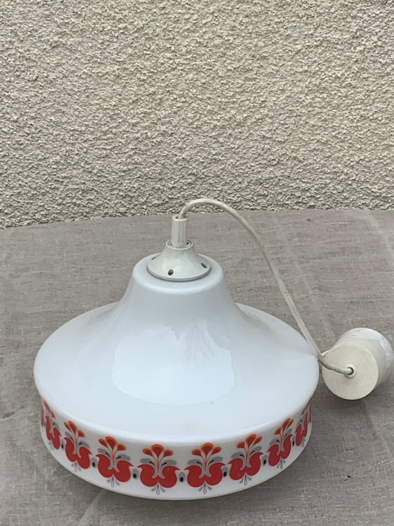 Pendant lamp, white opaline globe with a vintage red design floral pattern 1970