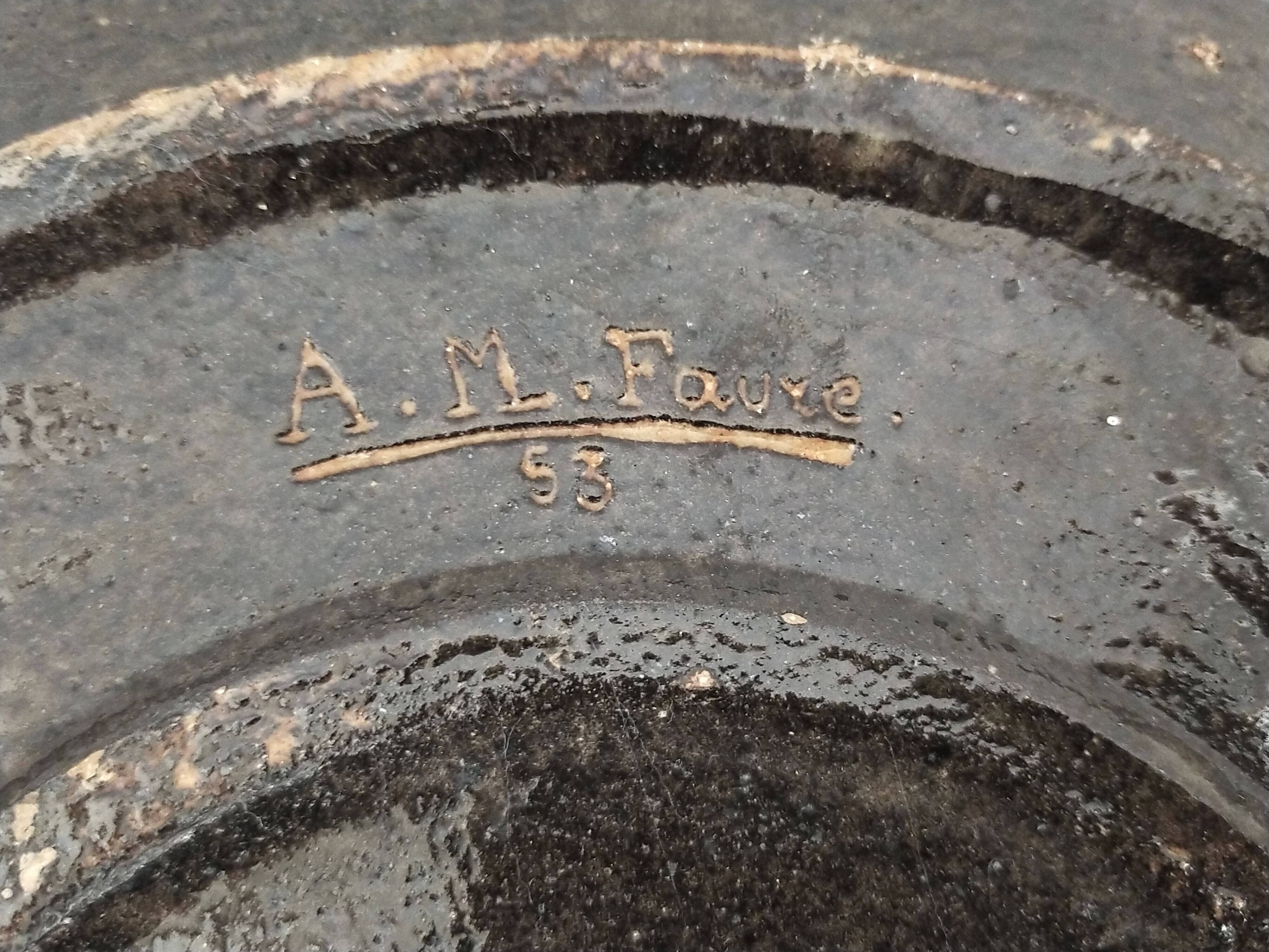 Glazed earthenware dish from Dauphiné signed A.M. Faure 1953