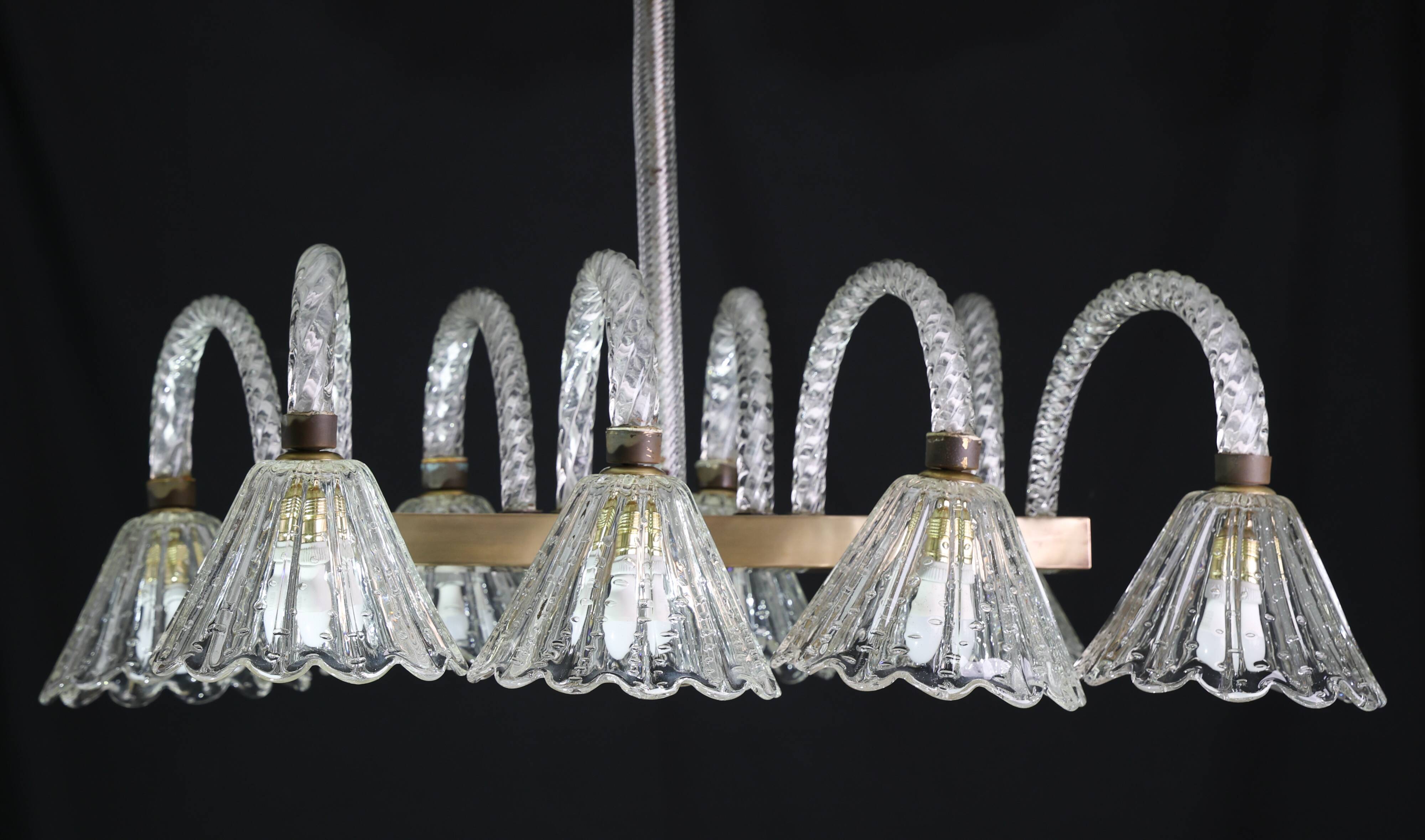 Museal 8 Light Art Decò Barovier e Toso Chandelier, Murano "Bubble" Glass,