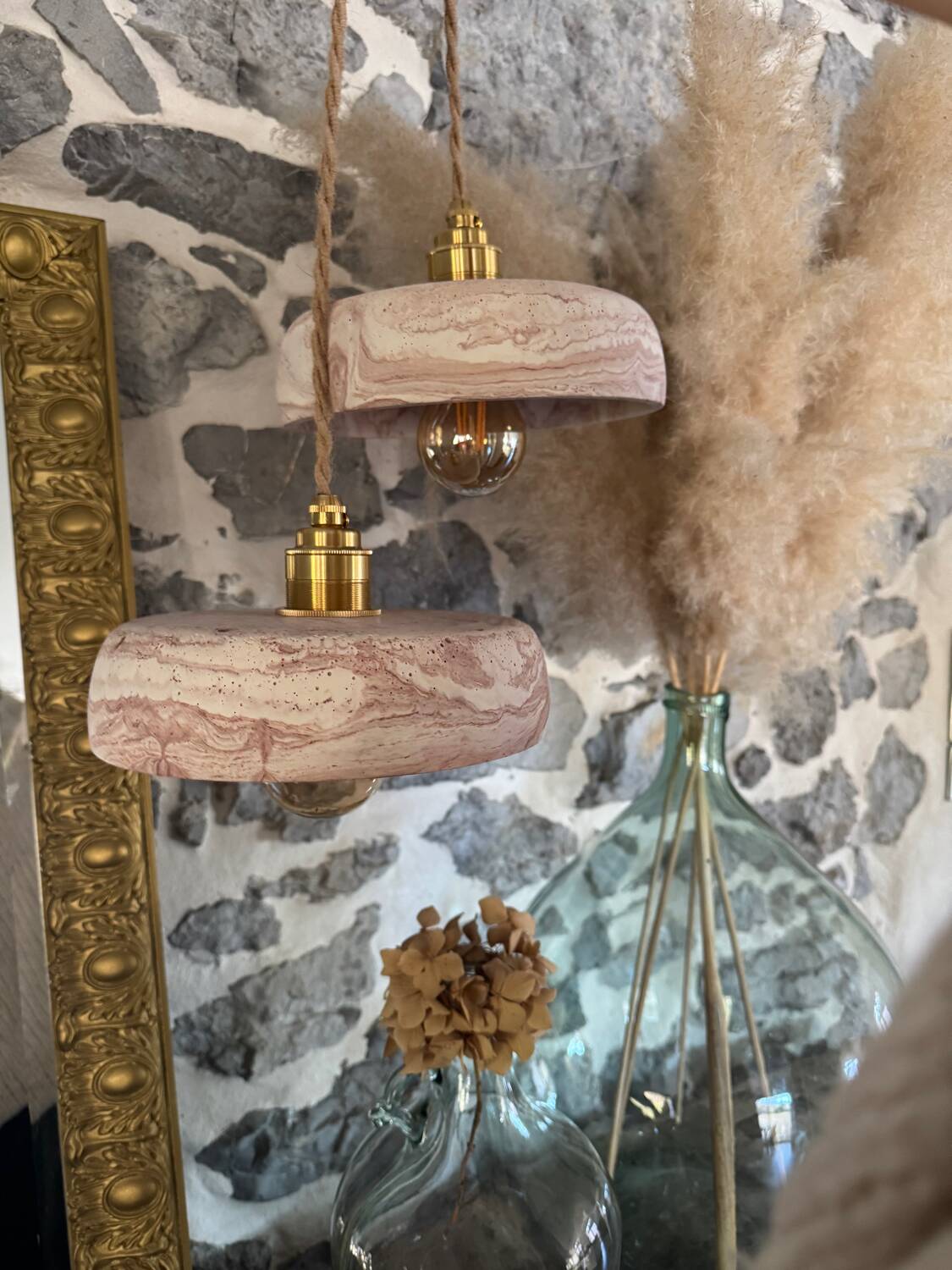 Pair of handcrafted portable lamps with a marbled stone effect