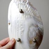 Antique mother-of-pearl tripod bowl emptier with silver metal legs