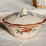 Antique pink earthenware soup tureen - Red floral decoration - Digoin