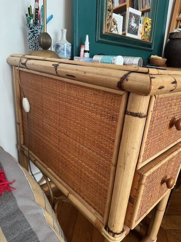 Bureau rotin, osier tressé et bois