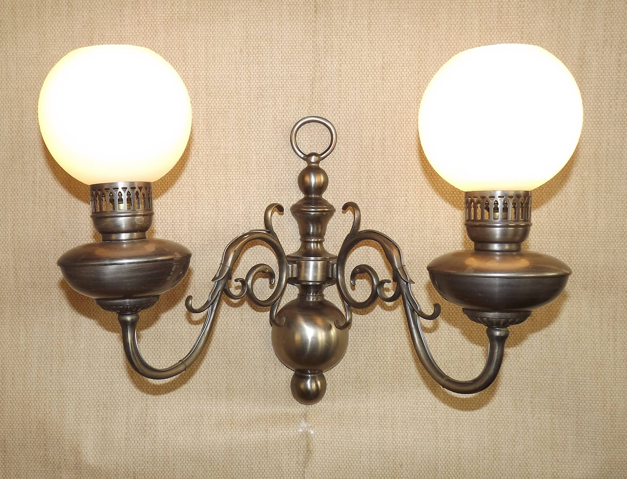 Vintage French silvered Flemish double wall sconce with opaque white glass shade 5007.