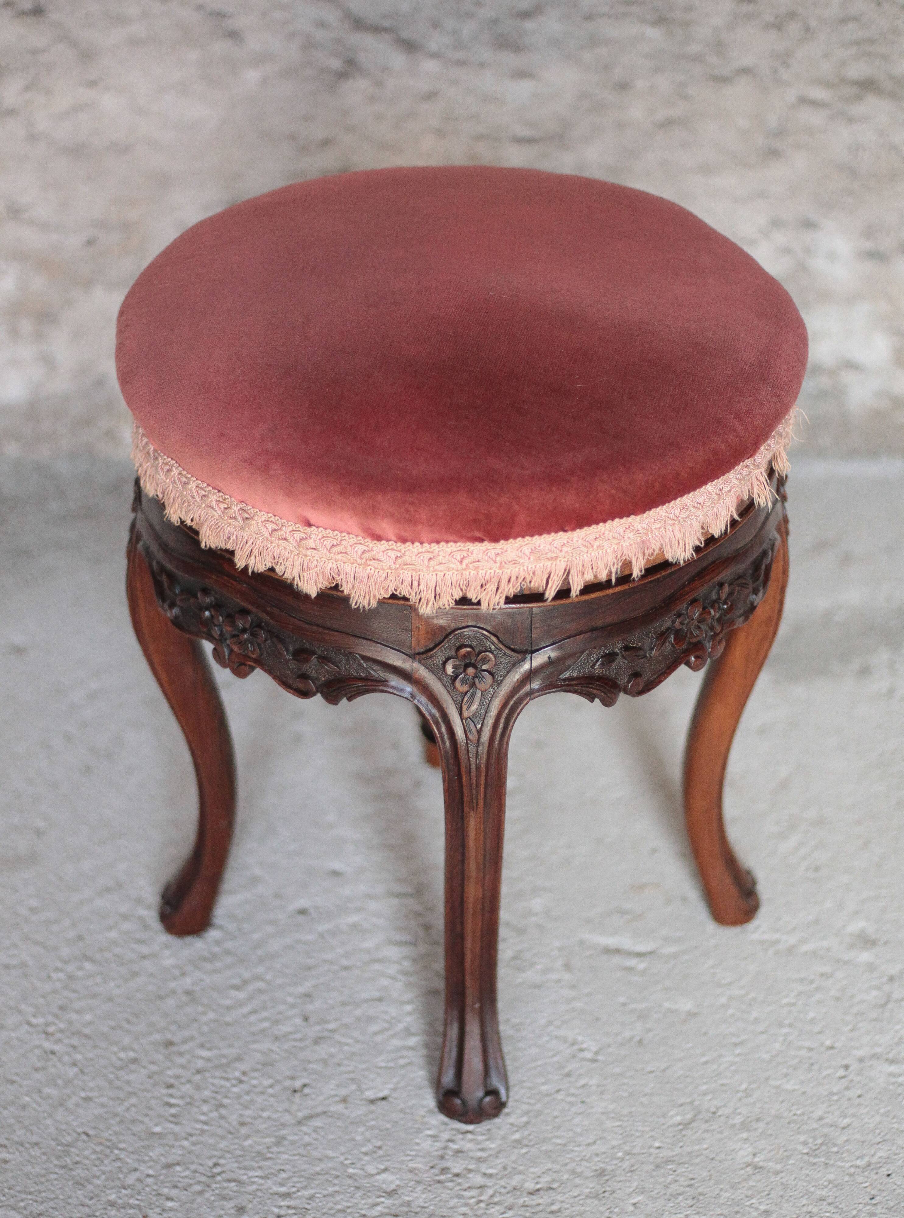 Victorian style stool, wooden and pink velvet stool, piano stool