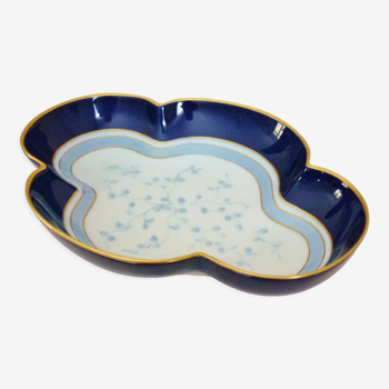 Antique quadrilobed dish in Limoges porcelain, signed, hand painted cobalt blue