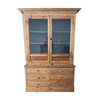 armoire 2 corps en pin ciré, 6 tiroirs formant commode et vitrine au-dessus