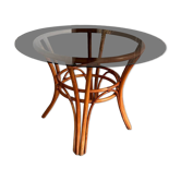 Table à manger verre fumé et rotin