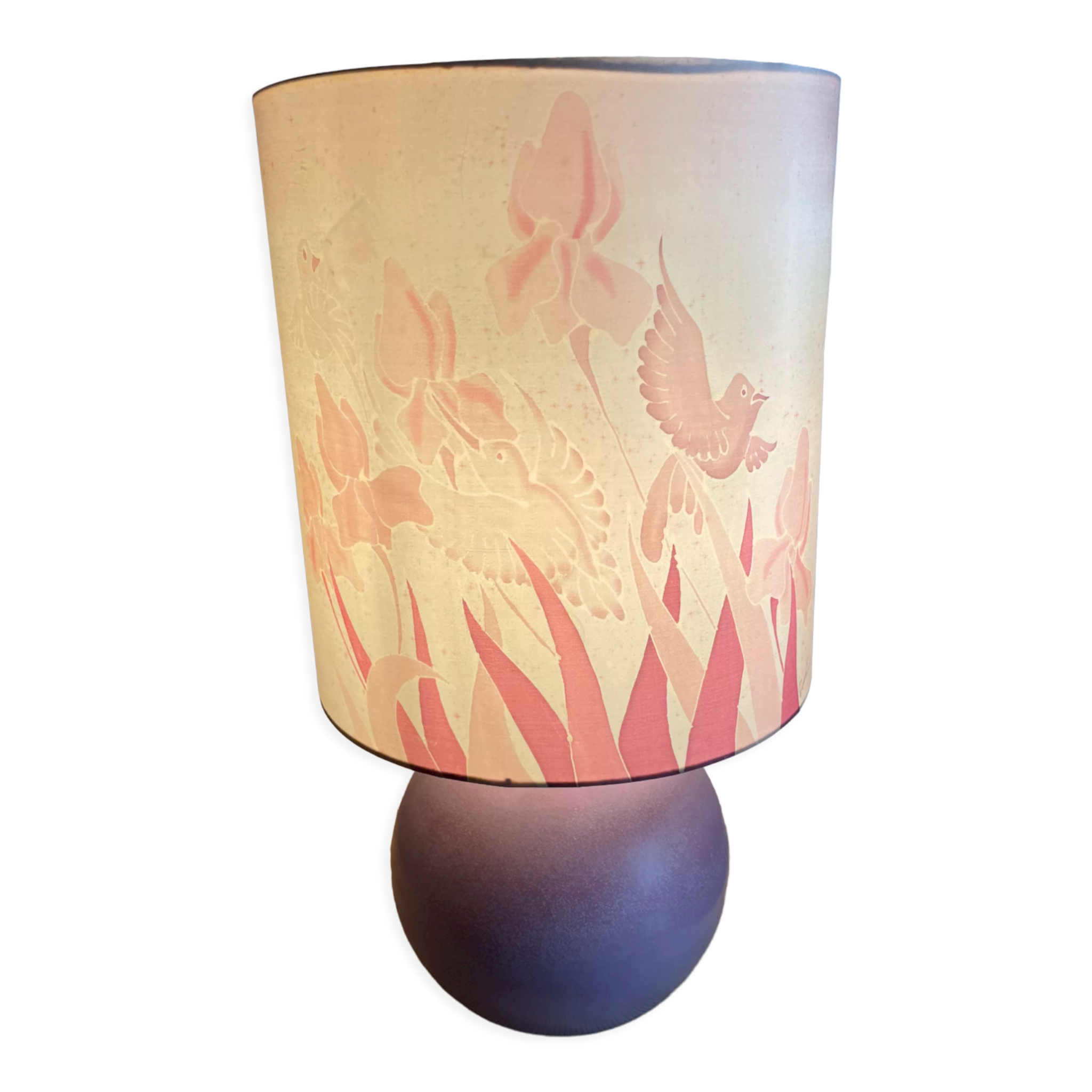 Lampe céramique lilas décor iris et oiseaux