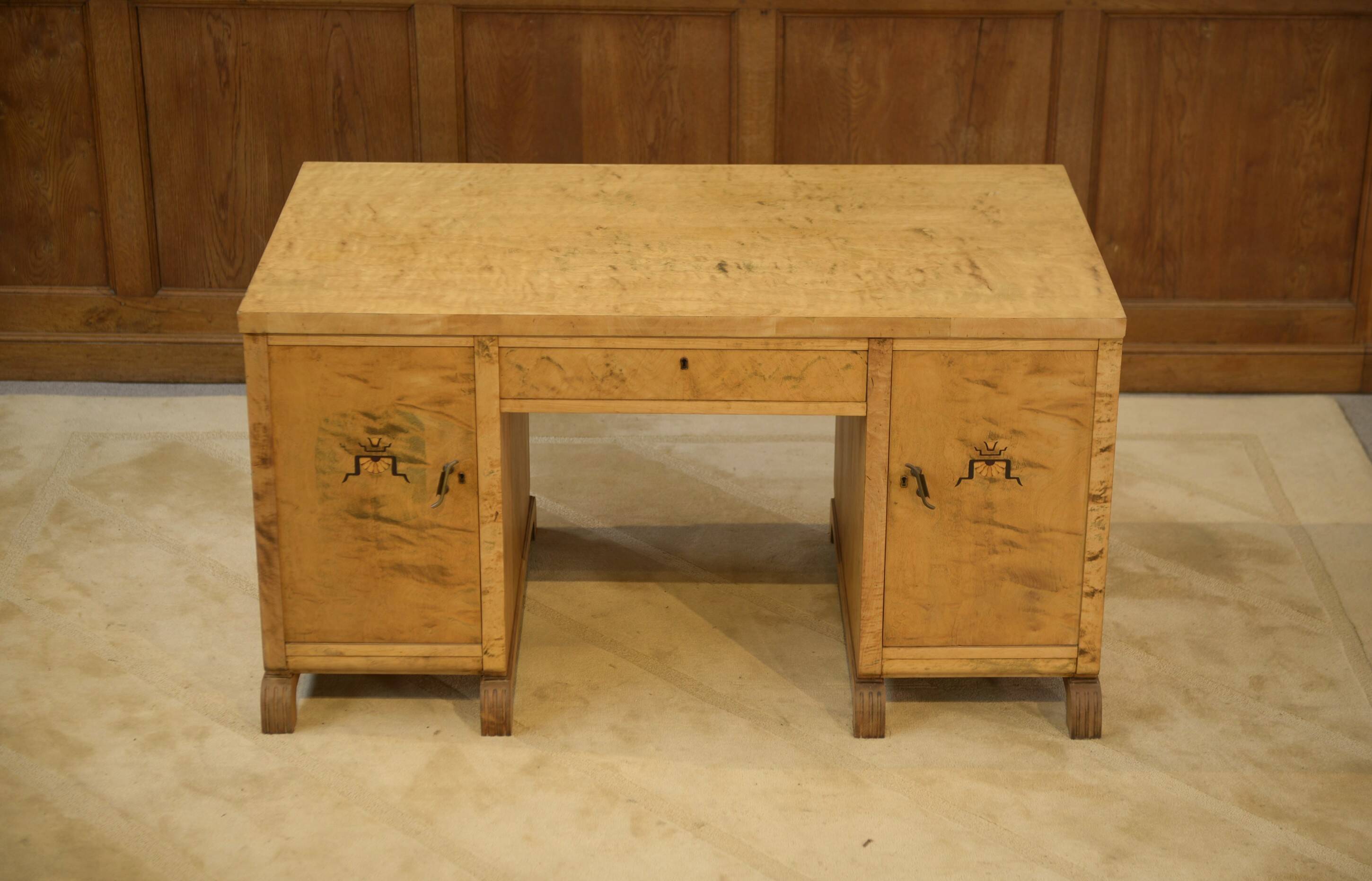 English desk in birch veneer with bee pattern marquetry from the 1950s.