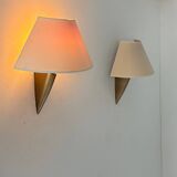 Pair of vintage brass and beige fabric wall lights, France 1970