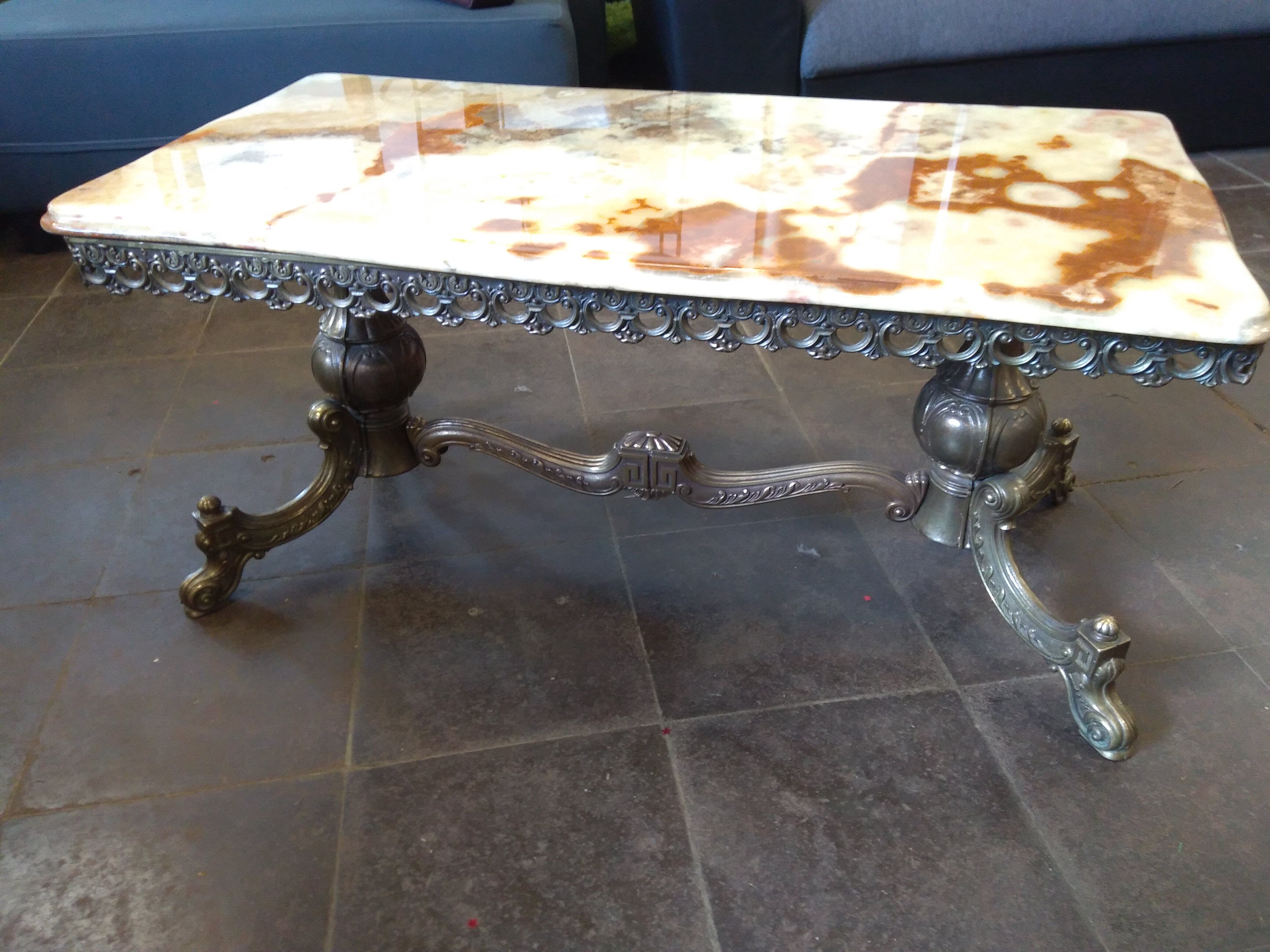 Wrought iron coffee table, marble top