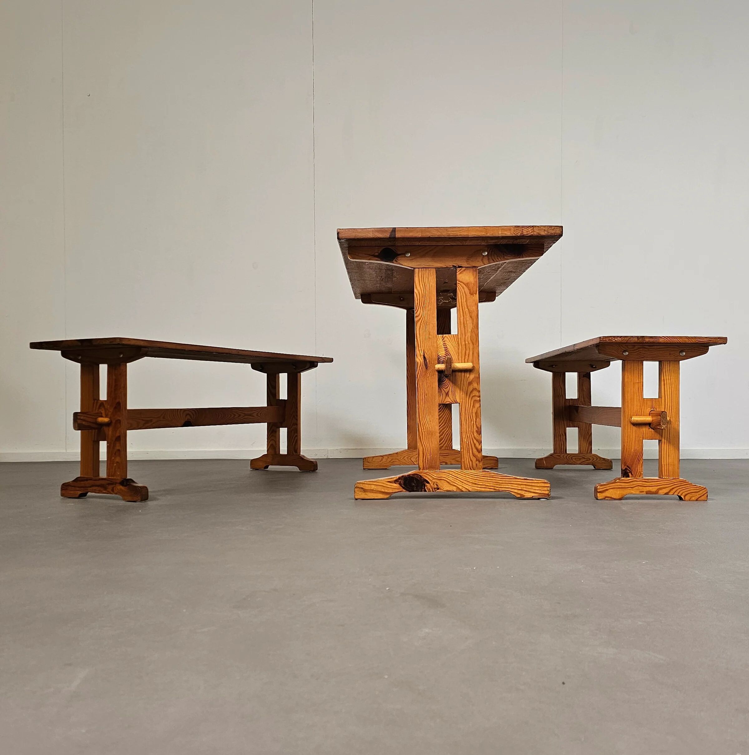 Scandinavian modern solid pinewood benches and dining table, 1970s