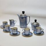 Art deco coffee service in fine iridescent blue porcelain, metal and wood
