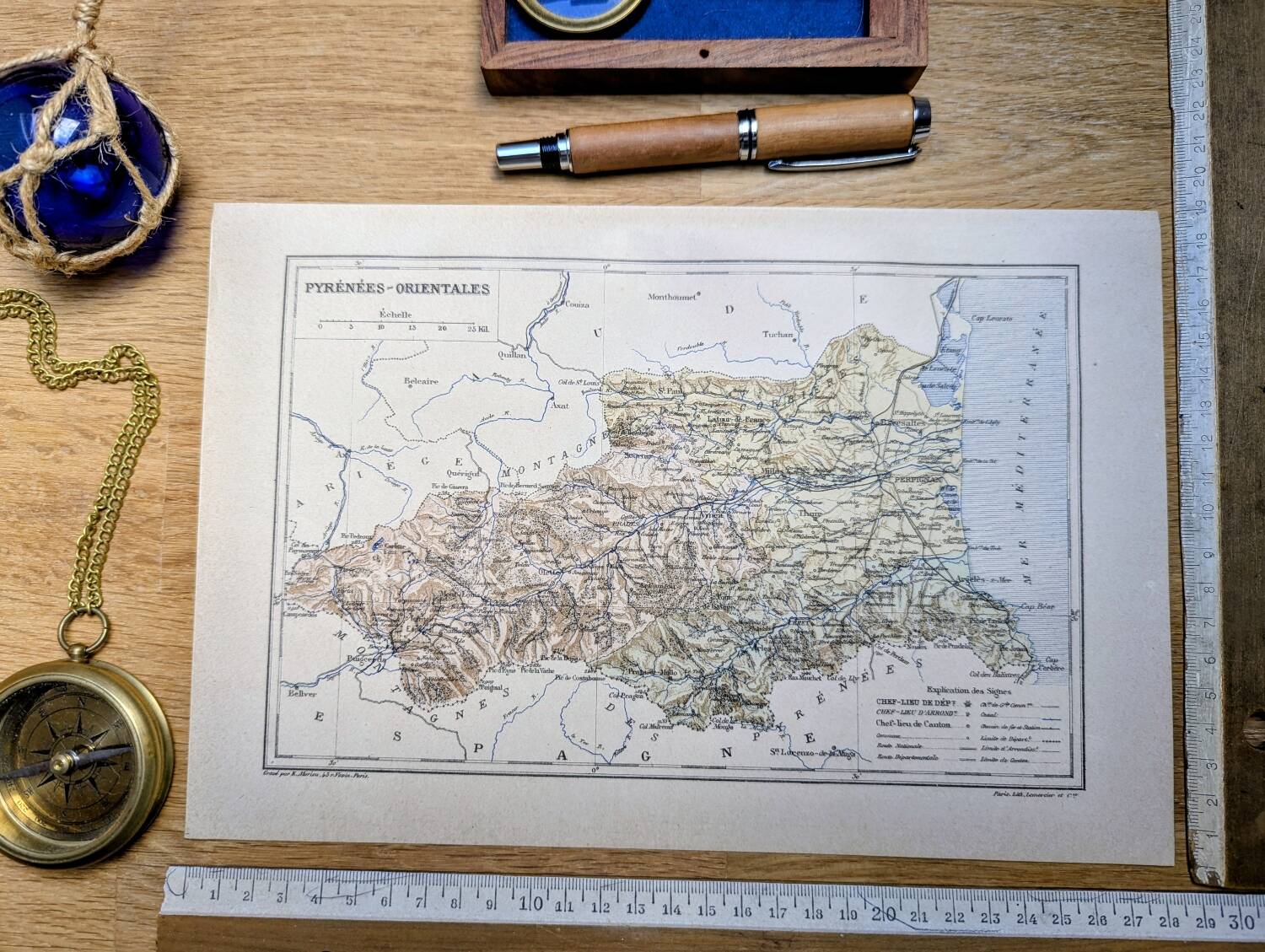 Map of Pyrénées-Orientales, 1889. Authentic Vintage.