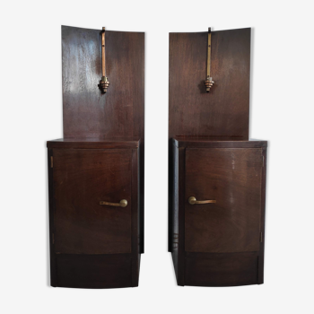 Pair of art deco bedside tables illuminated in wood and brass