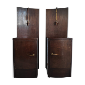 Pair of art deco bedside tables illuminated in wood and brass