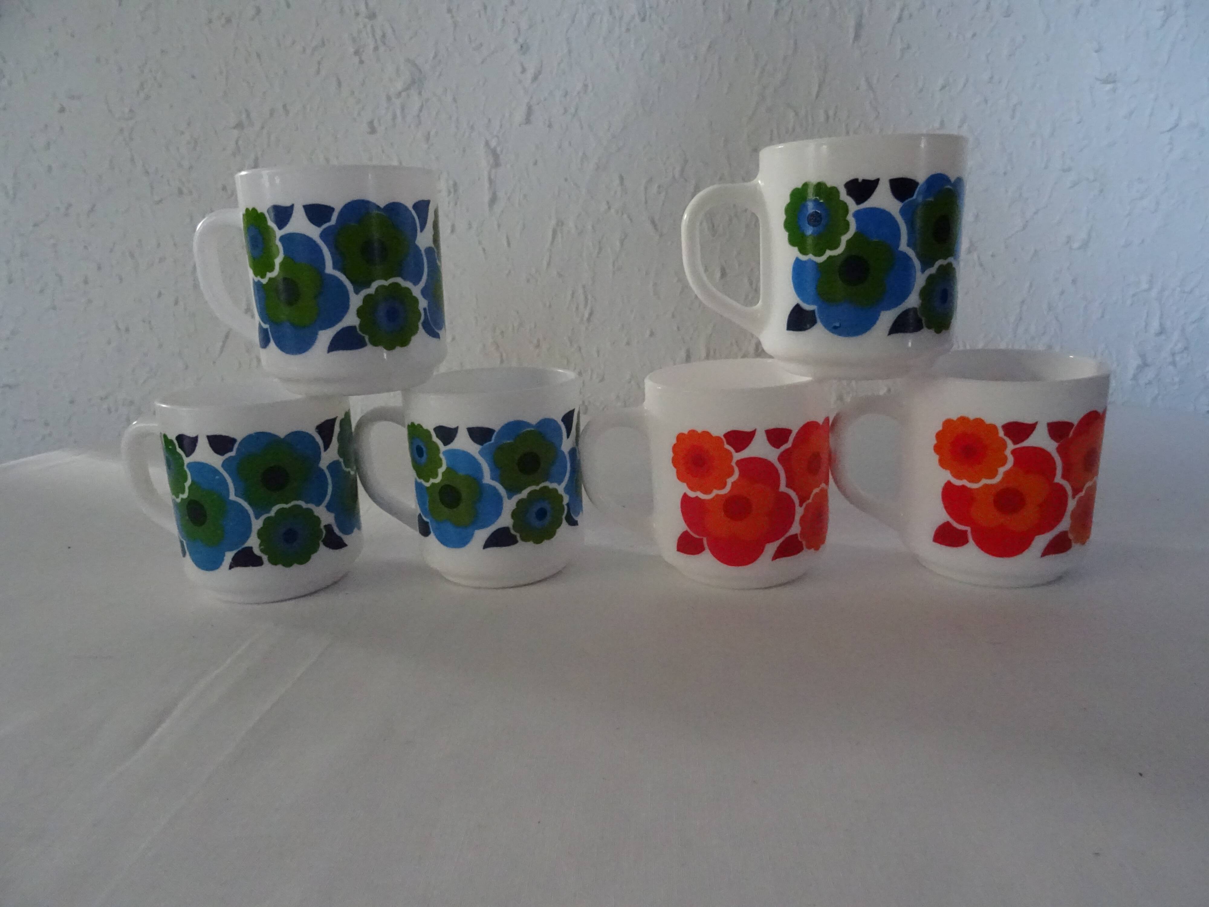 6 MUGS vintage flowers LOTUS 562112 Arcopal FRANCE orange blue