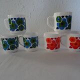 6 MUGS vintage flowers LOTUS 562112 Arcopal FRANCE orange blue