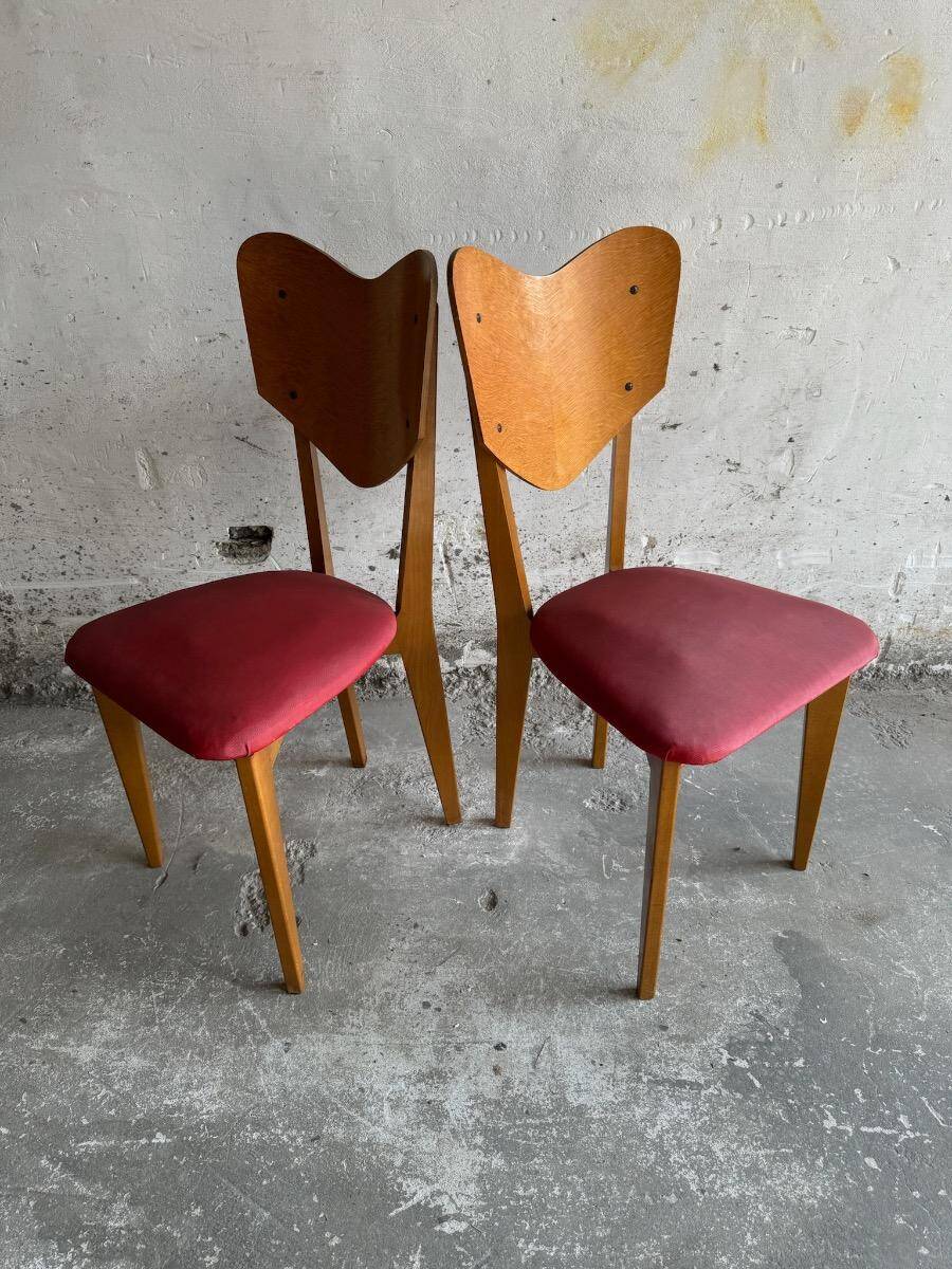 Set of 6 René-Jean Caillette Heart-Shaped Chairs, Bent Wood with Green & Burgundy Upholstery