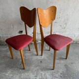 Set of 6 René-Jean Caillette Heart-Shaped Chairs, Bent Wood with Green & Burgundy Upholstery