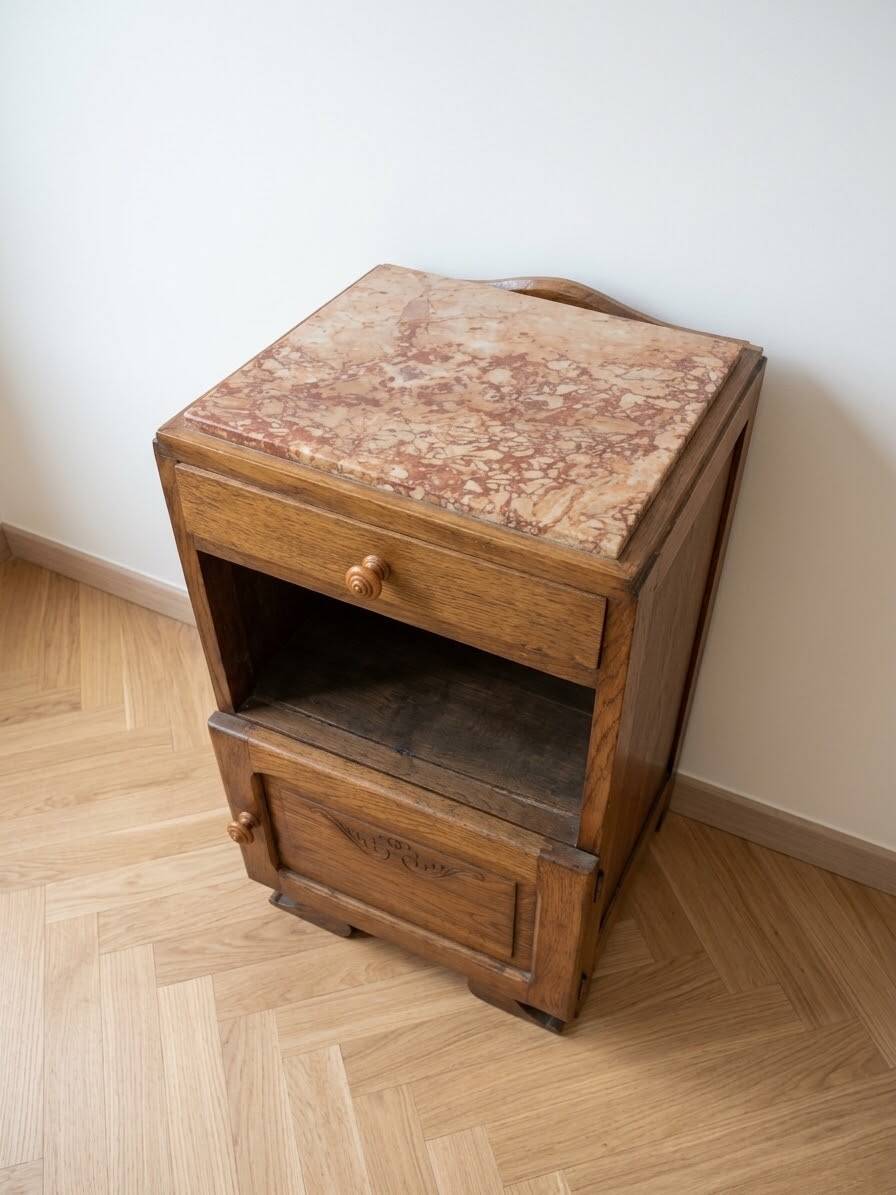 Art Deco bedside table in oak and pink marble