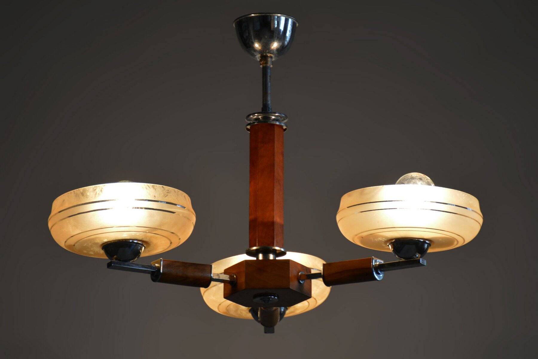 Art Deco Chandelier in Chromed Steel, Walnut and Glass, Czech, 1920s
