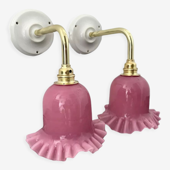 Pair of vintage pink opaline wall lamp