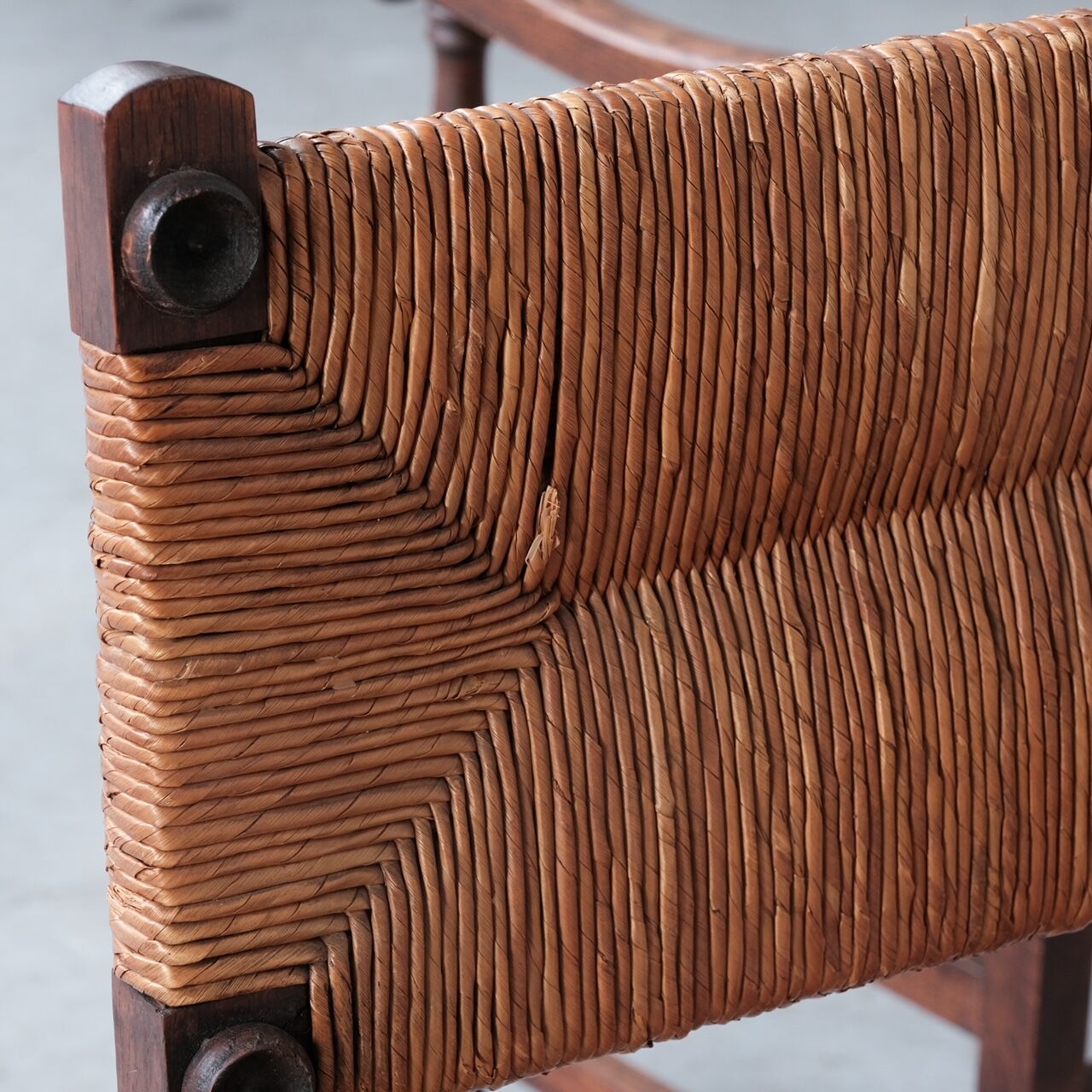 Pair of mid-century oak and rush french armchairs