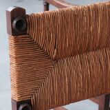 Pair of mid-century oak and rush french armchairs