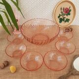 Ensemble saladier et 6 coupelles verre torsadé rosaline Arcoroc vintage